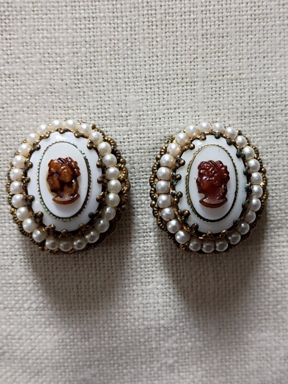 Vintage West Germany Cameo Pearl Gold Tone Clip On Earrings
